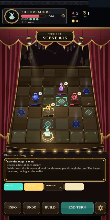 ACTBREAKER mobile combat board with visible enemies, terrain, actions, and turn controls