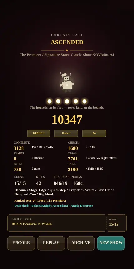 ACTBREAKER mobile victory summary with score, build, and run statistics